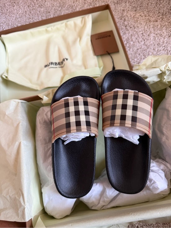 Burberry Other - Burberry Black Slide Sandals with Vintage Beige Check Strap